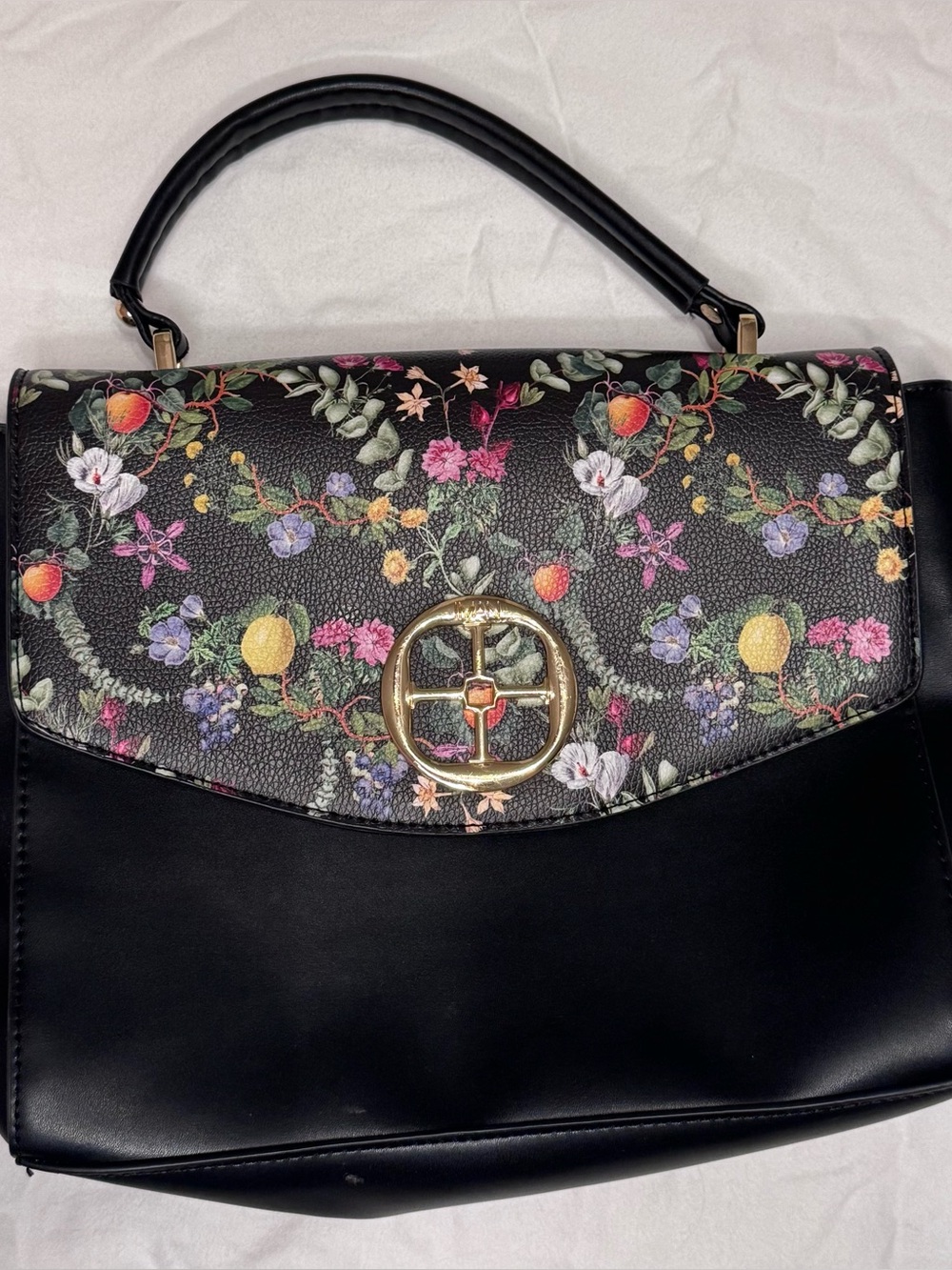 IMAN Black Floral Convertible Top Handle Crossbody Satchel Bag
